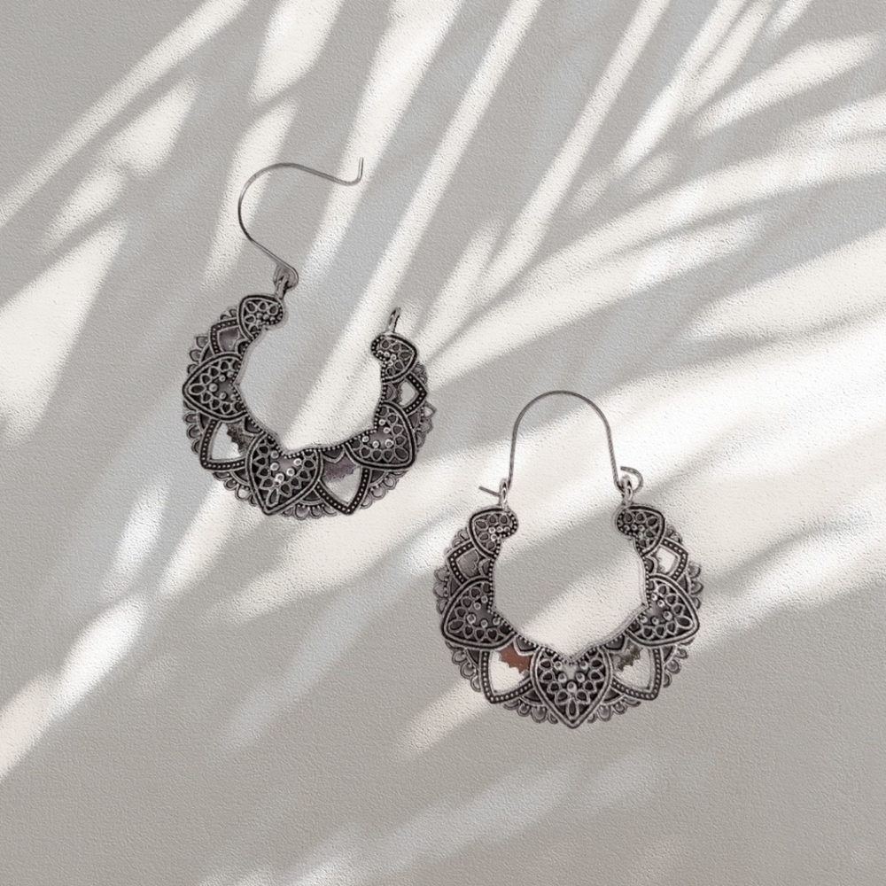 Hoop Brushed Silver Chandelier Statement Earrings Bohemian Cutout Design